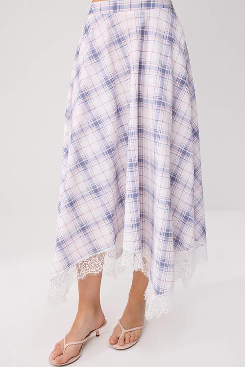 Plaid Lace Detail Asymmetric Skirt - White & Blue