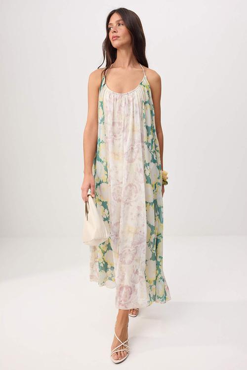 Floral Polo Collar Chiffon Maxi Dress - Multicolour