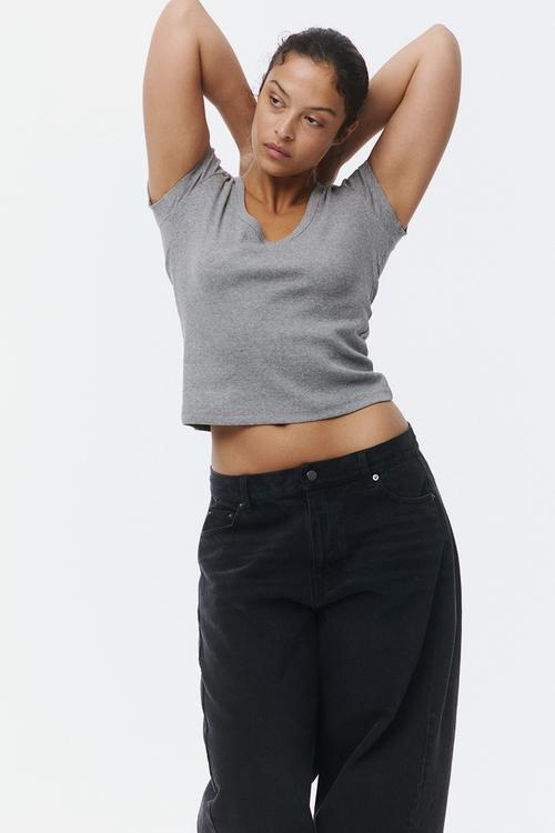 Ribbed scoop-neck t-shirt - grey marl