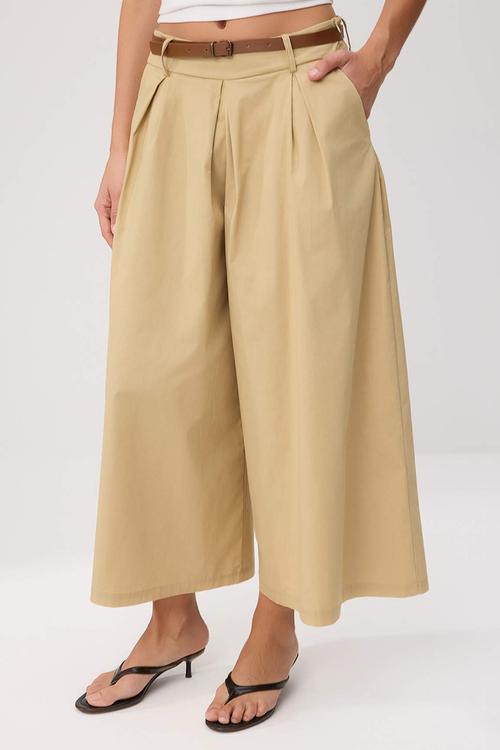 Belted Paper-Touch Skirt-Look Trousers - Beige