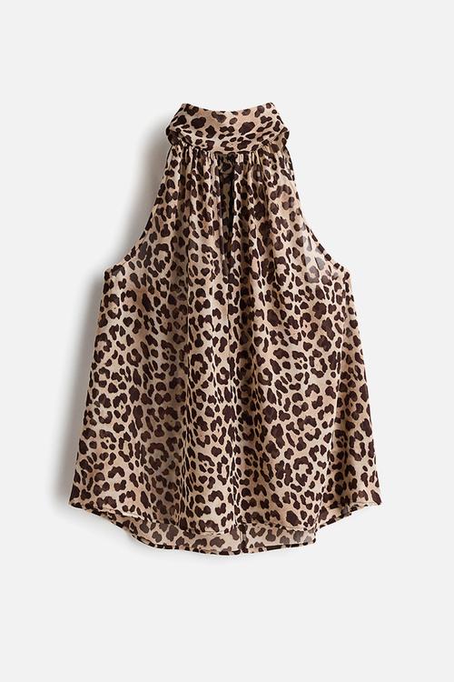 Scarf-collar chiffon top - light beige/leopard print
