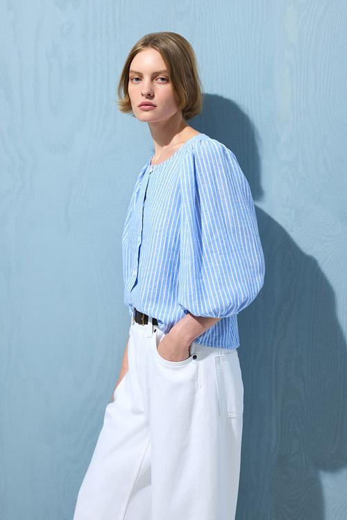 Linen-blend blouse - light blue/white striped
