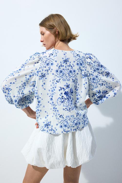 Linen-blend blouse - medium blue/floral