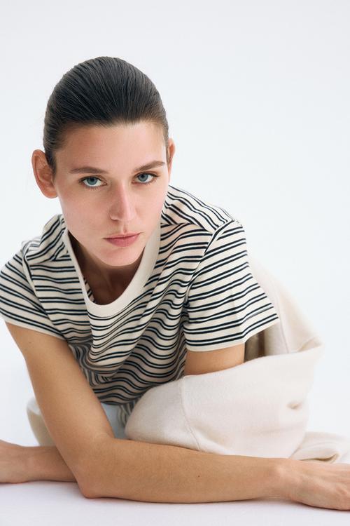 Cotton t-shirt - light beige/black striped