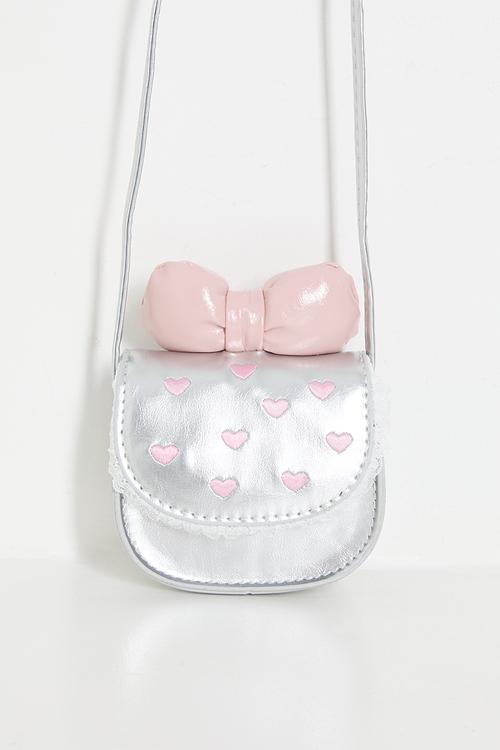 Heart embossed faux leather bag - silver & pink
