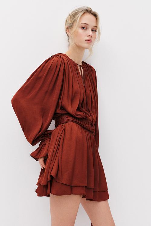 Knot-detail draped dress - rust red