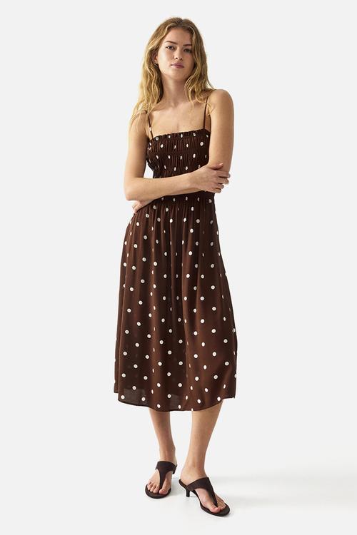 Smocked strappy dress - dark brown/polka dot