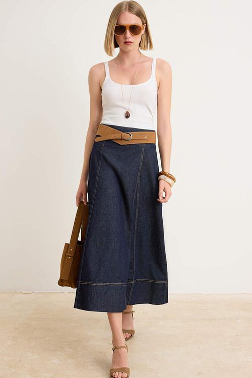 Belted Double-Breasted Midi Denim Skirt - Navy Blue