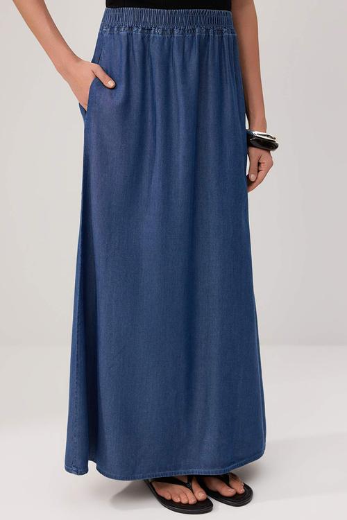 Draped Tencel Maxi Denim Skirt - Blue