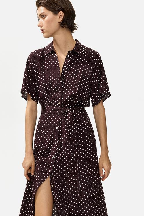 Tie-belt shirt dress - dark brown/polka dot