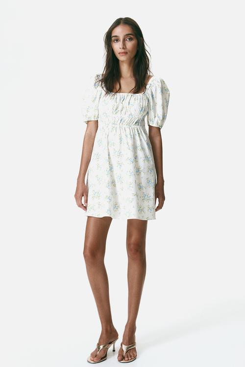 Puff-sleeved poplin dress - cream/floral
