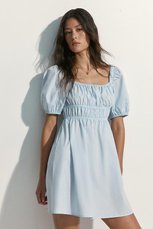 Puff-sleeved poplin dress - light blue