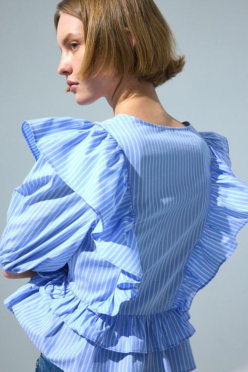 Poplin wrap blouse - light blue/striped