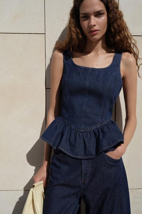 Denim peplum top - dark denim blue