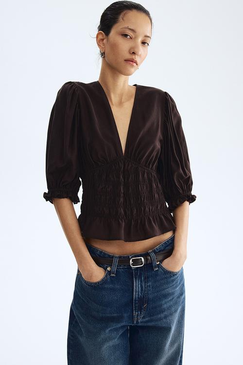 Smocked-waist blouse - dark brown