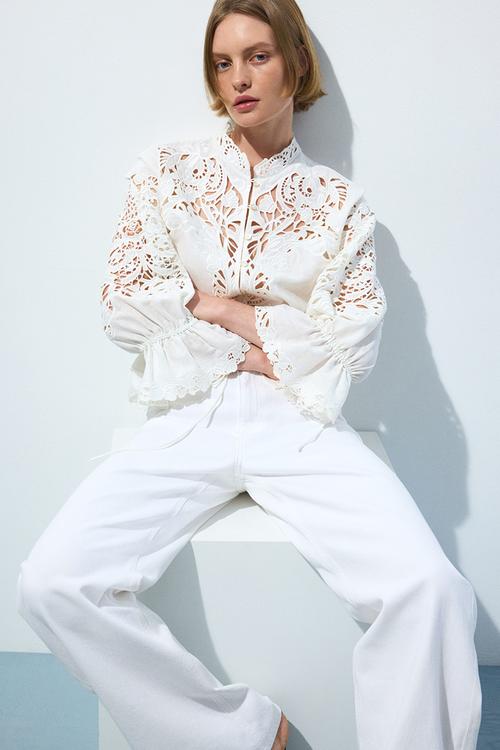 Linen-blend broderie anglaise blouse - white