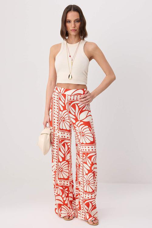 Patterned Viscose Wide-Leg Trousers with Elasticated Waist - Red-Multicolour
