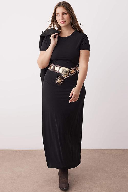 Plus short sleeve bodycon fitted knit maxi dress - black
