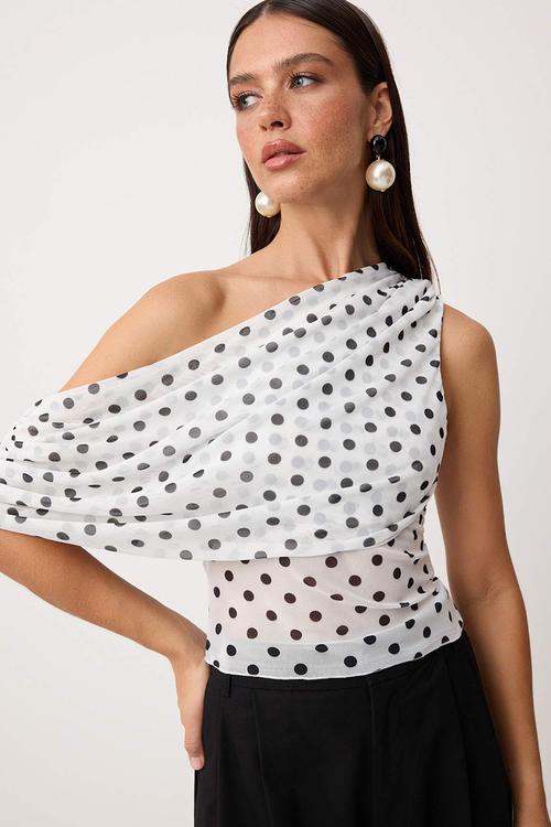 Polka Dot Asymmetric Collar Tulle Blouse - White-Multicolour