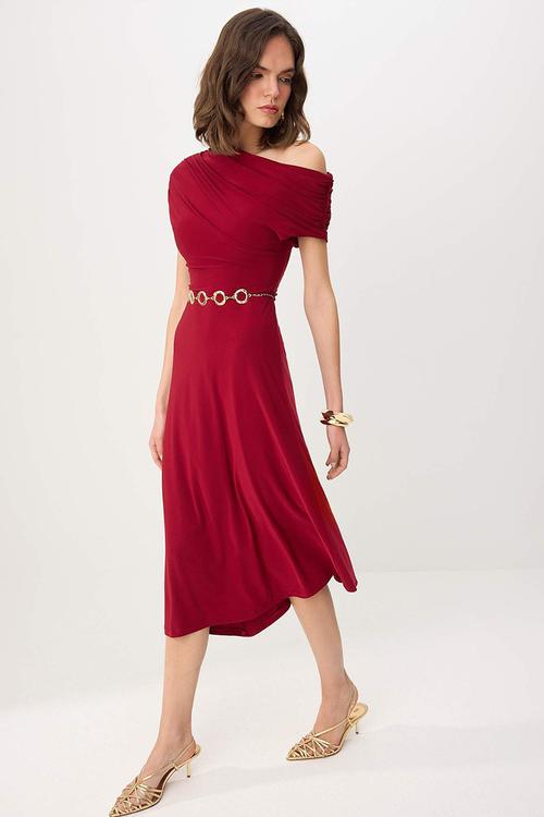Off-Shoulder Party Dress with Chain Belt - Burgundy