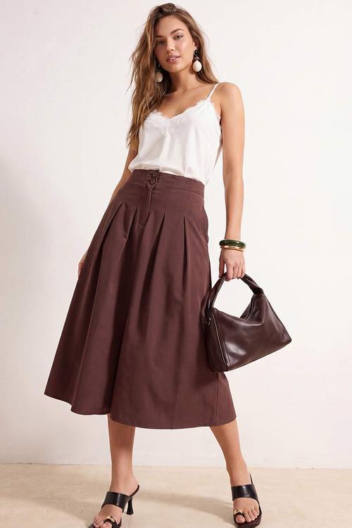 Pleated Front-Slit Midi Skirt - Dark Brown