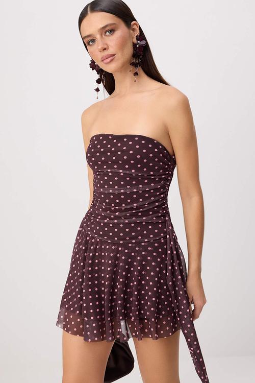 Polka Dot Strapless Cut-Out Mini Party Dress - Brown