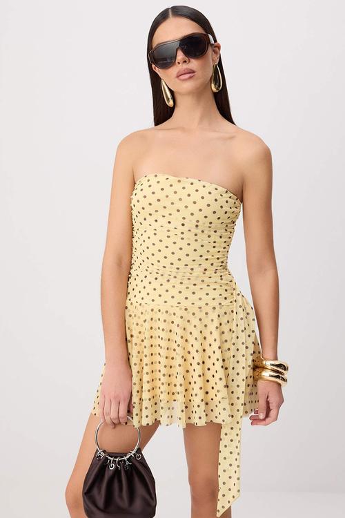 Polka Dot Strapless Cut-Out Mini Party Dress - Yellow