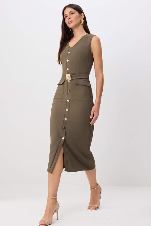 Belted Midi Dress with Accessory Detail - Khaki