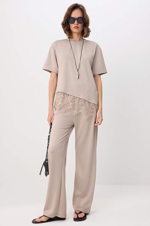Oversized Lace Detail Asymmetric Knit Top and Bottom Set - Stone