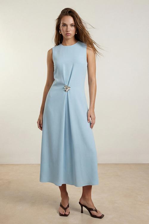 A-Line Satin Midi Dress - Light Blue