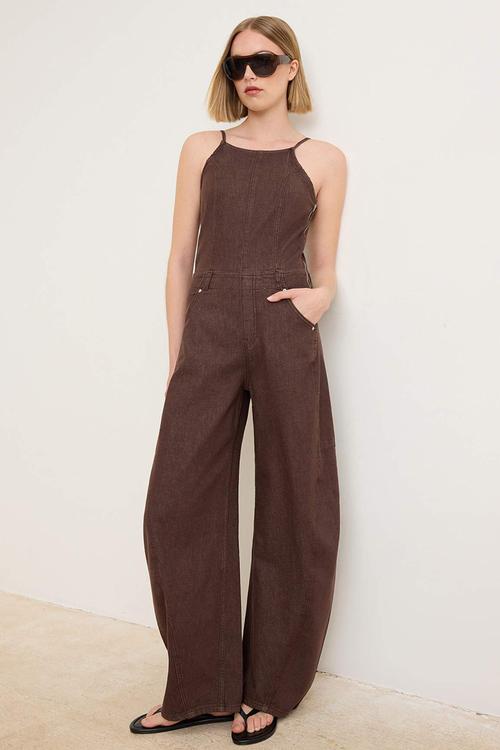 Strappy Relaxed Fit Denim Jumpsuit - Brown
