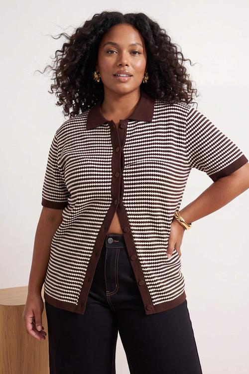 Plus polo collar striped knitwear blouse - brown