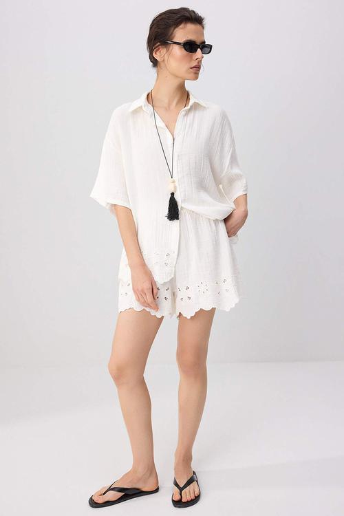 Embroidered Lace Detail Shirt and Shorts Set - White