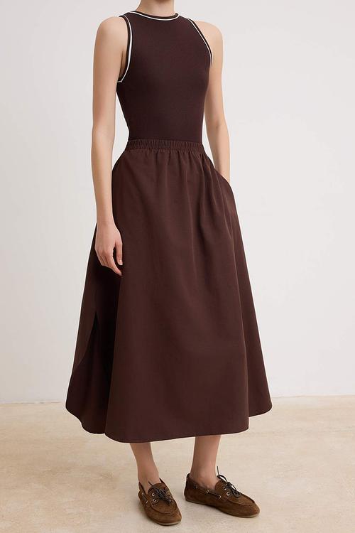Poplin Skirt Detail A-Line Maxi Dress - Brown