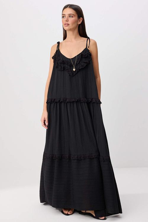 Embroidered A-Line Maxi Dress with Thin Straps - Black