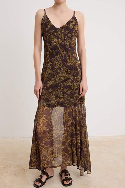 Shawl Print Flounce Chiffon Maxi Dress - Brown
