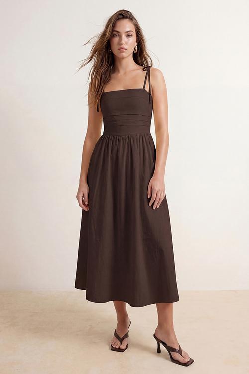 Adjustable Strap Strapless Midi Dress - Brown