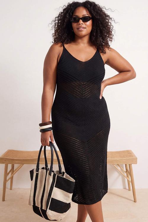 Plus beachwear midi v-neck knitwear beach dress - black