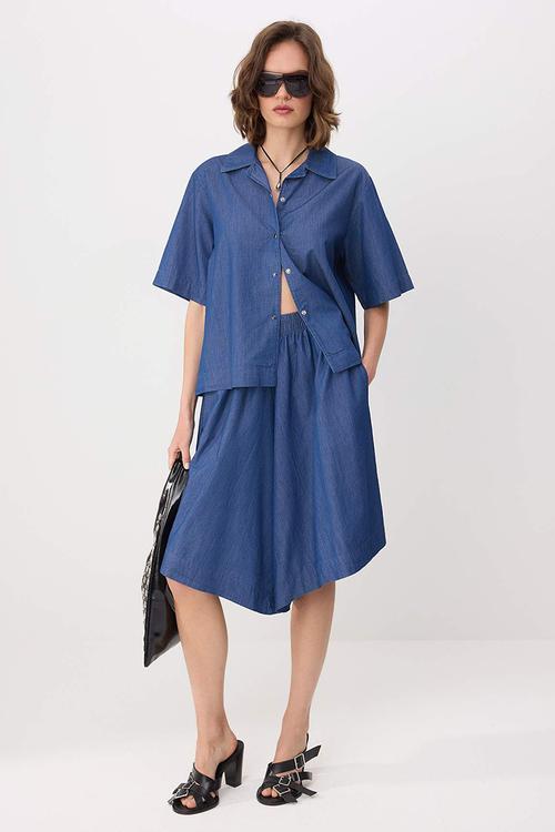 Drapey Shirt and Bermuda Denim Shorts Set - Blue
