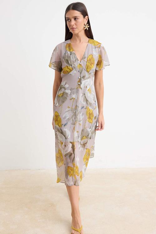 Floral Chiffon Midi Dress - Multicolour