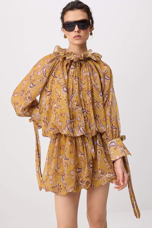 Shawl Print Cut-Out Chiffon Mini Dress - Mustard