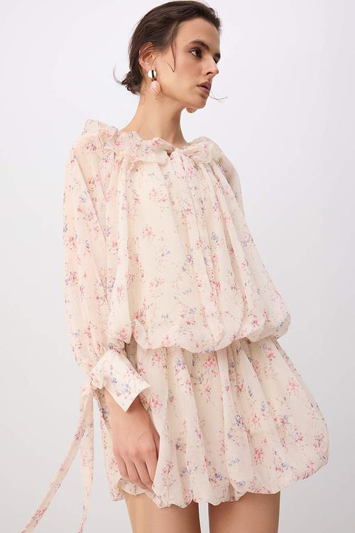 Floral Cut-Out Chiffon Mini Dress - Neutral