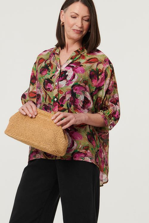Half Sleeve Batwing Easy Wearing Printed Sheer Blouse With Back Button Stand Detail - Multi Pink