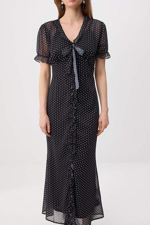 Velvet Ribbon Detail Polka Dot Chiffon Dress - Black