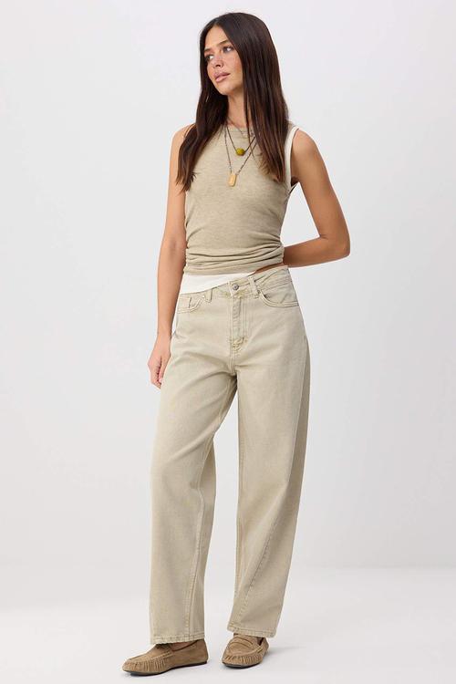 Stitch Detail High-Waist Cotton Baggy Jeans - Beige