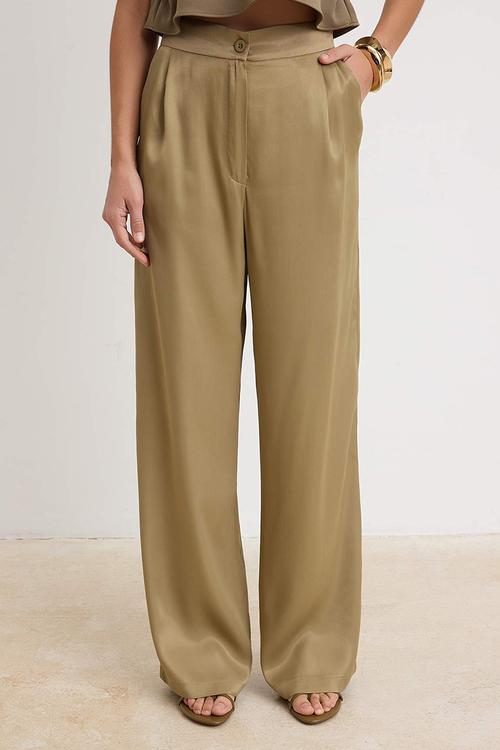 Satin Wide-Leg Trousers - Khaki