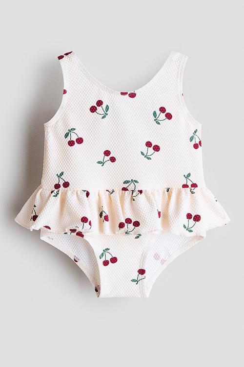 Flounced swimsuit - light beige/cherries