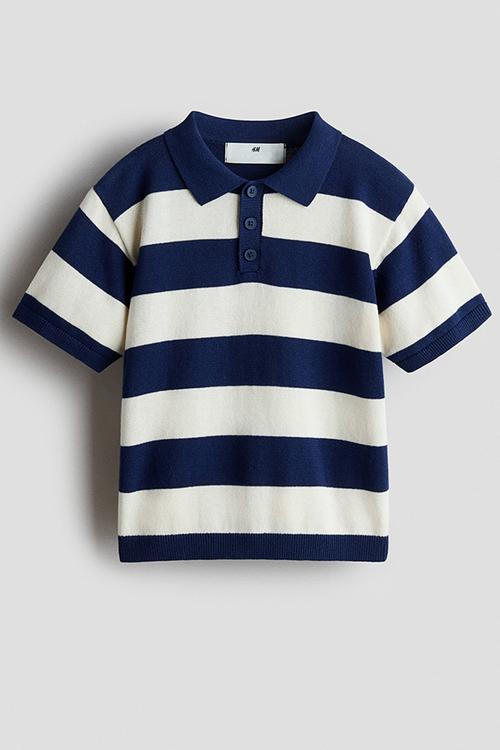 Cotton-knit polo shirt - dark blue/white striped
