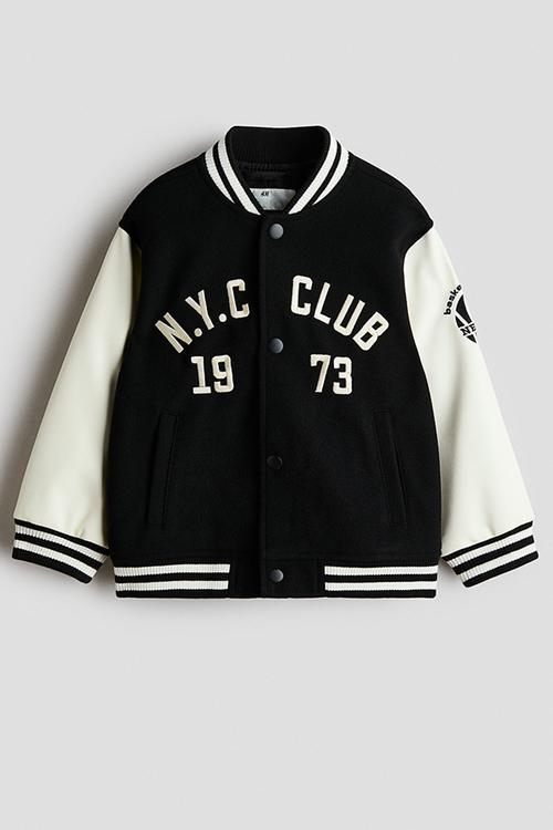 Motif-detail baseball jacket - black/n.y.c