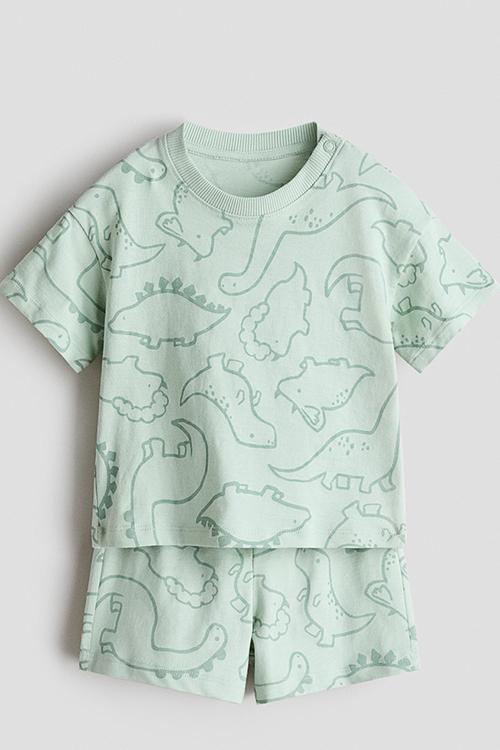 2-piece cotton set - light green/dinosaurs